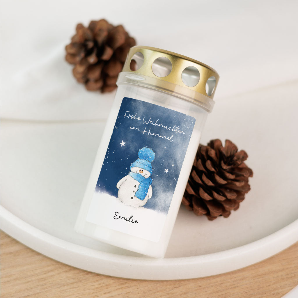 Grablicht mit handgemaltem Aquarell Schneemann und Aufdruck "Frohe Weihnachten im Himmel"