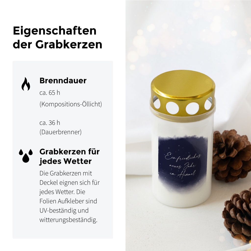 Detailansicht der wetterfesten Grabkerze mit Spruch „Ein friedliches neues Jahr im Himmel“ – ideal für Silvester und Neujahr