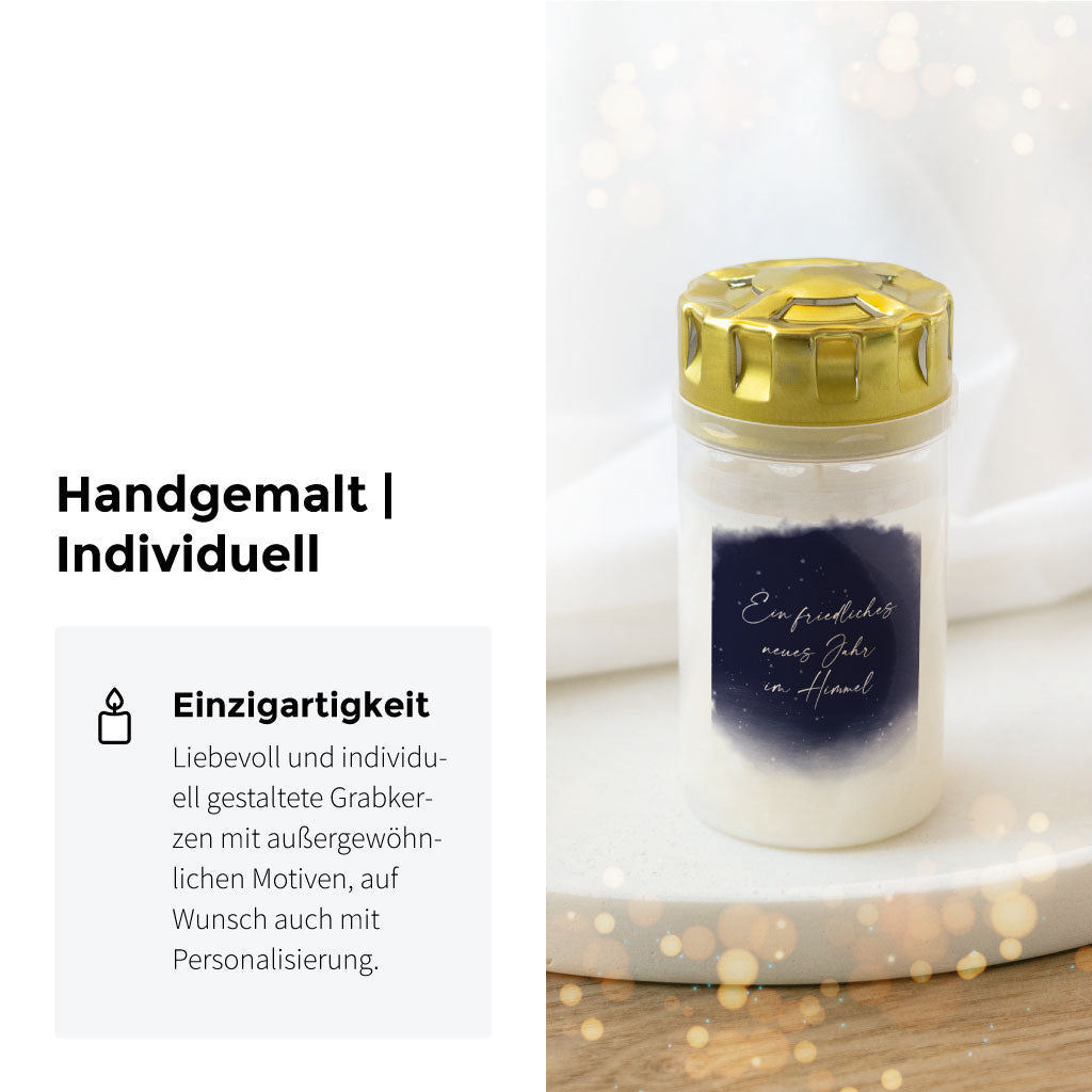 Individuell gestaltete Grabkerze mit handgemaltem Himmelmotiv und Neujahrsspruch – liebevoll für den Jahresanfang des Himmelsmenschen