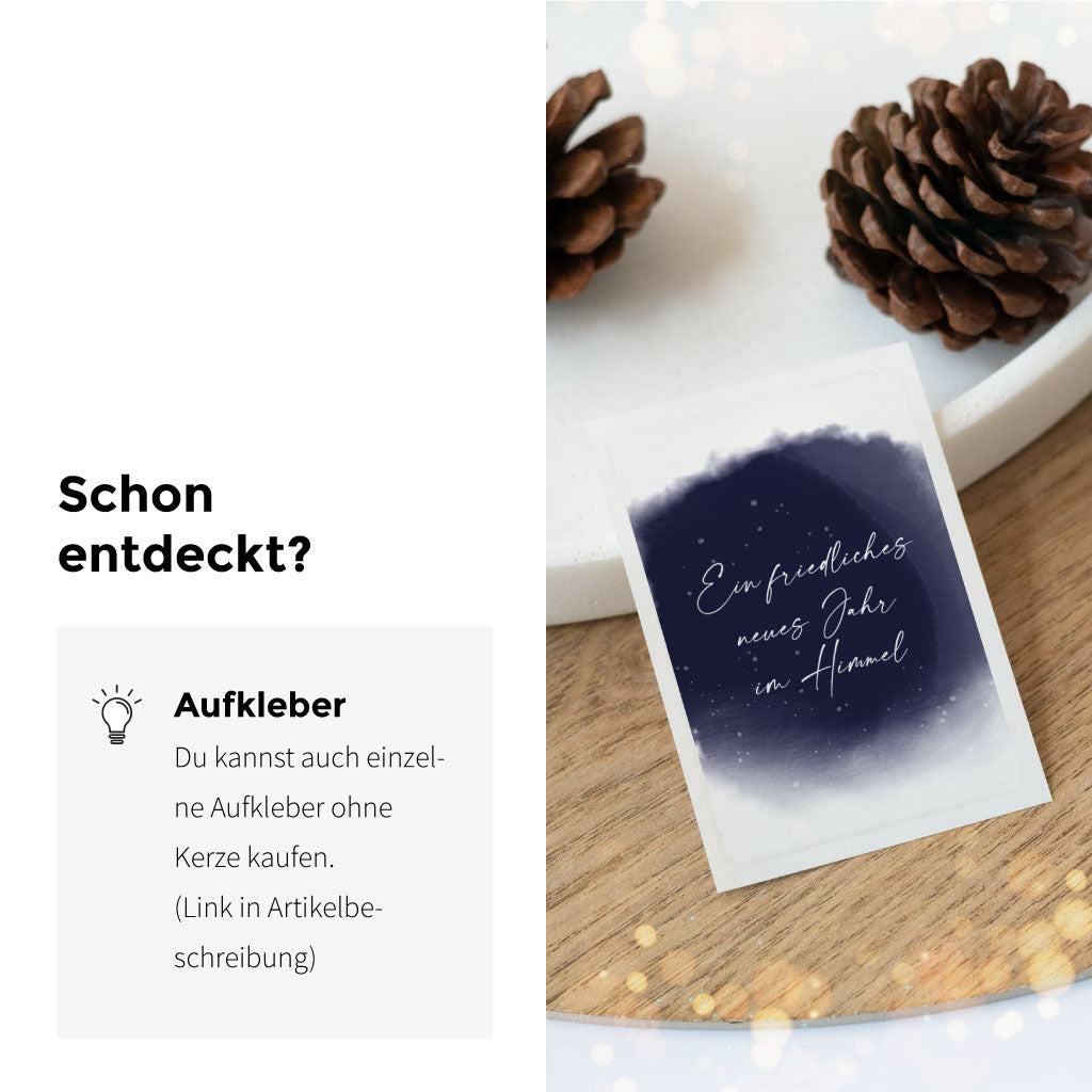 Transparenter Aufkleber mit Himmelmotiv und Neujahrsgruß „Ein friedliches neues Jahr im Himmel“ – passend zur Grabkerze für Silvester