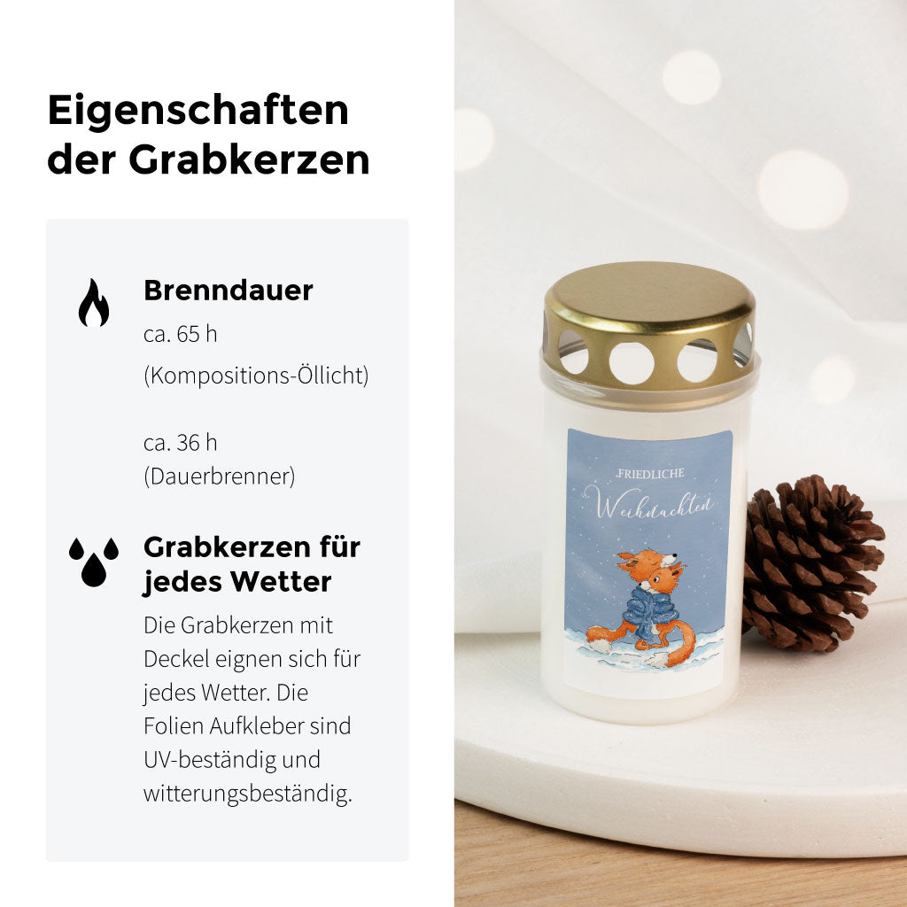 Produktfoto einer wetterfesten Grabkerze mit Fuchs-Aufkleber "Friedliche Weihnachten" und Infos zu Brenndauer und Outdoor-Eignung.