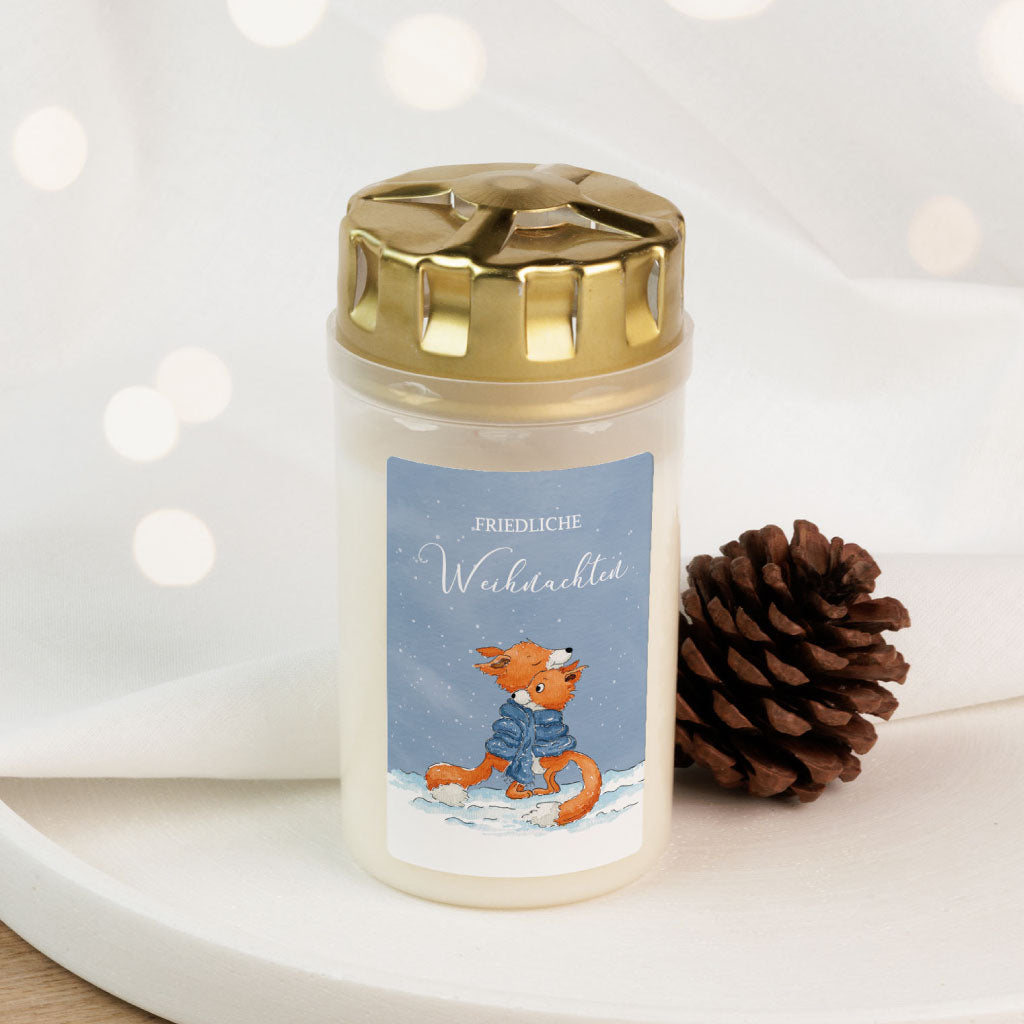 Friedhofskerze mit wetterfestem Deckel, Fuchs im Schnee und Schriftzug "Friedliche Weihnachten", ideal als liebevolles Licht für Sternenkinder.
