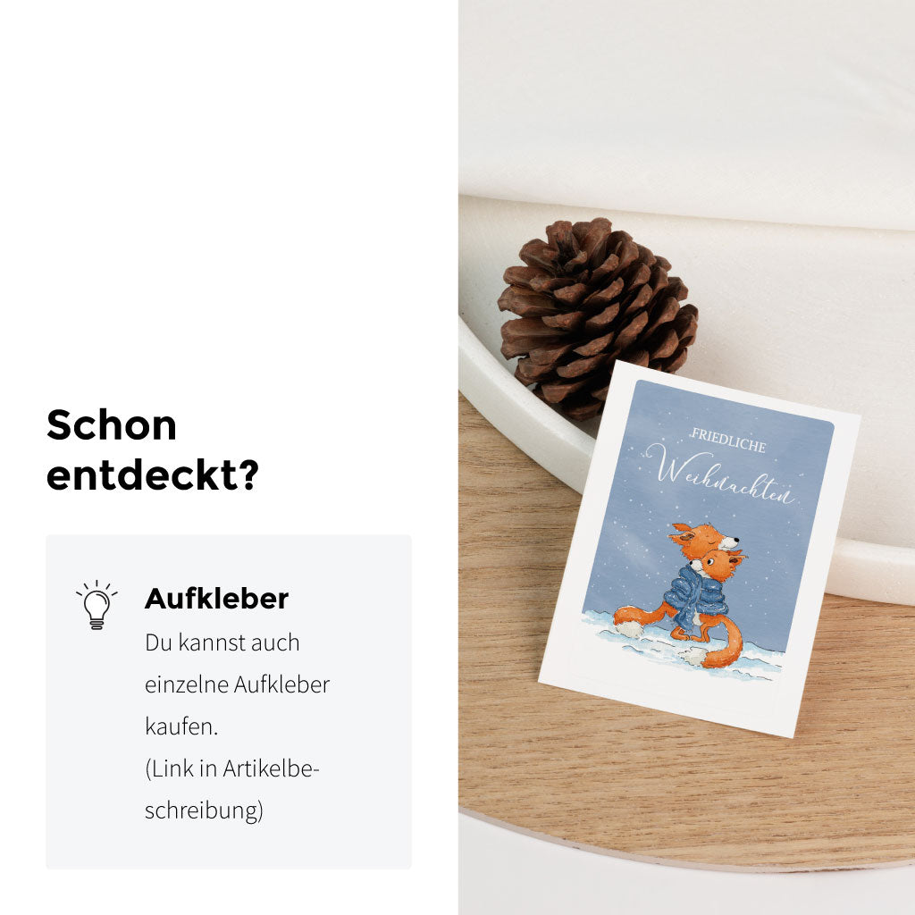 Aufkleber mit Fuchs-Motiv und Aufschrift "Friedliche Weihnachten", passend für Grabkerzen und Gedenklichter in der Adventszeit.