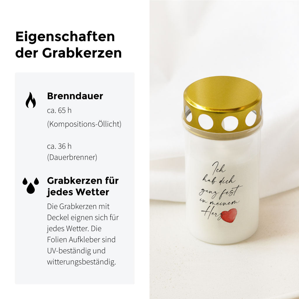 Infografik zu einer Grabkerze mit Spruch und Aquarell-Herz, mit Infos zur langen Brenndauer und witterungsbeständigen Aufklebern – ideal als persönliches Andenken.
