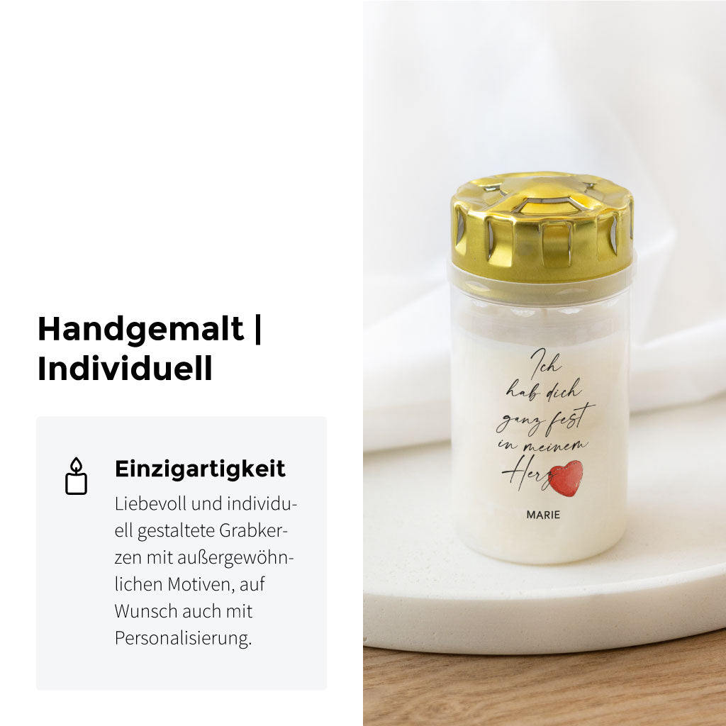 Grabkerze mit goldenem Deckel und Aquarell-Herz, liebevoll gestaltet und auf Wunsch personalisierbar – perfekt als Geschenk zum Valentinstag, Vatertag oder Geburtstag.
