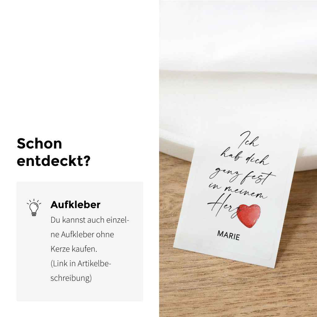 Einzeln erhältlicher Aufkleber mit Spruch „Ich hab dich ganz fest in meinem Herz“ und Aquarell-Herz – perfekt zum Selbstgestalten von Grabkerzen oder Erinnerungsstücken.