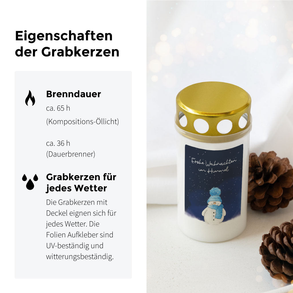 Detailansicht der wetterfesten Grabkerze mit Aufkleber „Frohe Weihnachten im Himmel“, perfekt als personalisierbares Geschenk zum Gedenken im Advent.