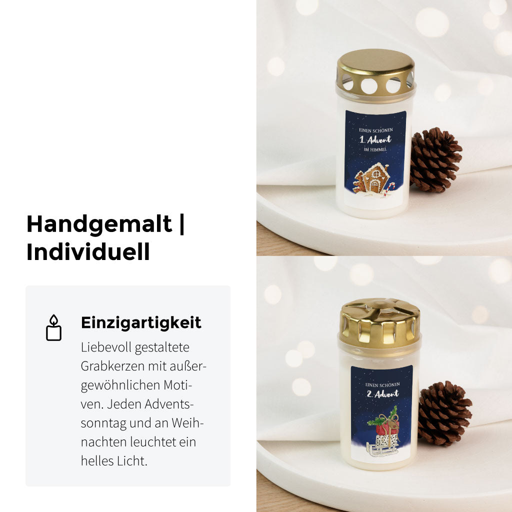 Zwei Grabkerzen mit liebevoll gestalteten Aquarellmotiven für den 1. und 2. Advent, als stille Lichtbotschaft zu Weihnachten.
