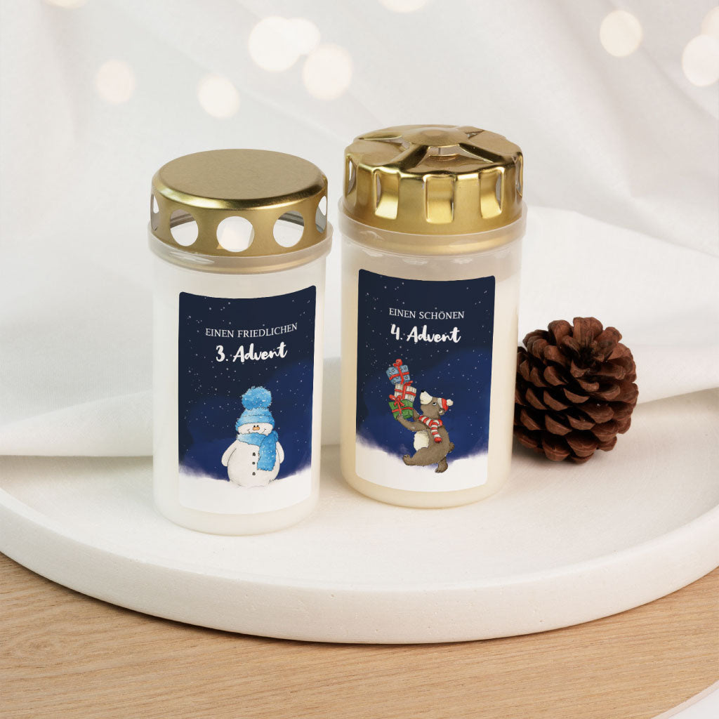Grabkerzen für den 3. und 4. Advent mit süßem Schneemann und Bär – ideal als liebevolles Weihnachtsritual für Sternenkinder.