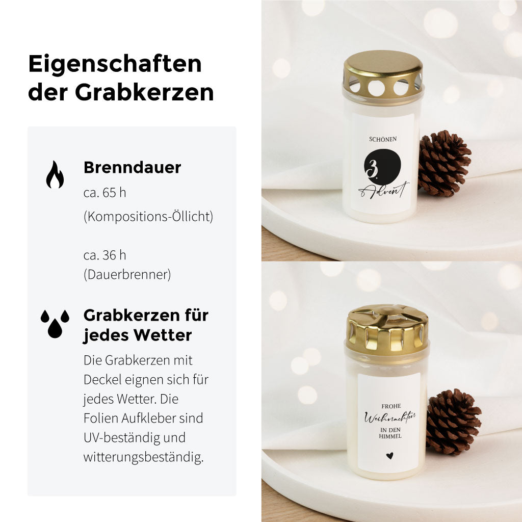 Zwei Grabkerzen nebeneinander mit der Aufschrift „3. Advent“ und „Frohe Weihnachten in den Himmel“ – wetterfeste Gedenkkerzen als stimmungsvolles Trauergeschenk zur Adventszeit.