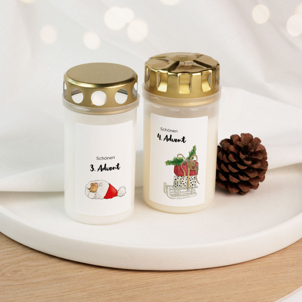 Grabkerze 3. und 4. Advent mit den Motiven Maus und Geschenke Schlitten