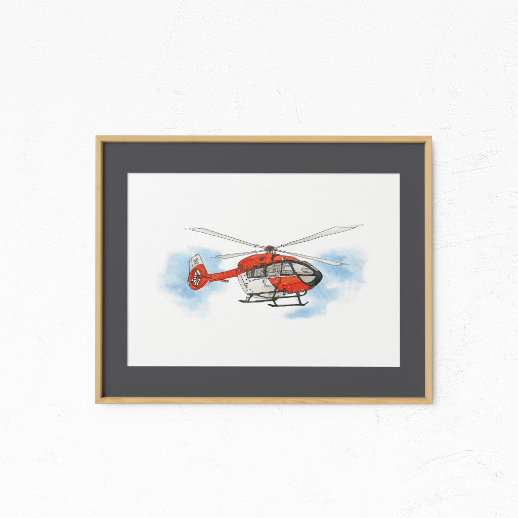 Hubschrauber Aquarell in Holzrahmen