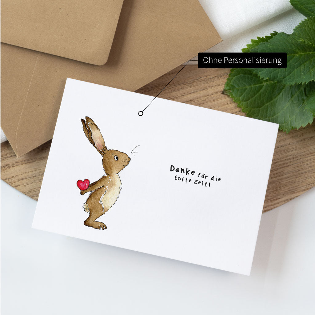 Aquarell Hase mit Herz hinter Rücken und Text "Danke für die tolle Zeit"