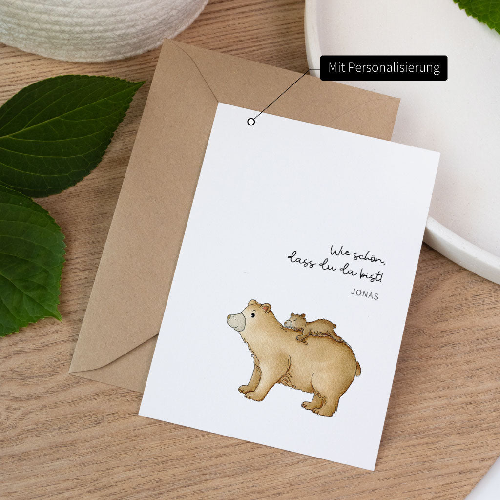 Glückwunschkarte zur Geburt für Jungen und Mädchen mit Aquarellbären und personalisierter Aufschrift – liebevoll gestaltet und einzigartig.