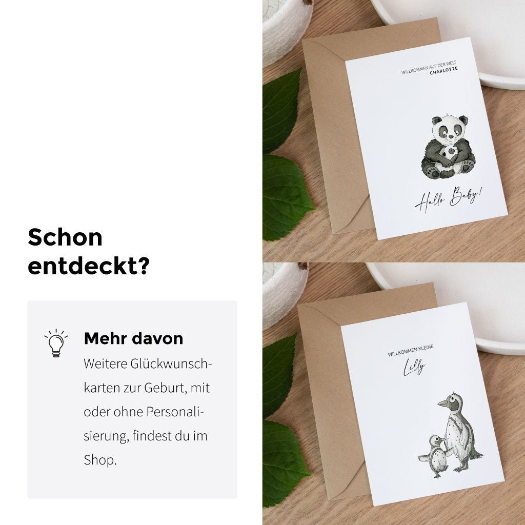 Produktübersicht mit verschiedenen handgemalten Geburtskarten von Funkenbunt, darunter Motive mit Bären, Pandas und Pinguinen, personalisierbar.