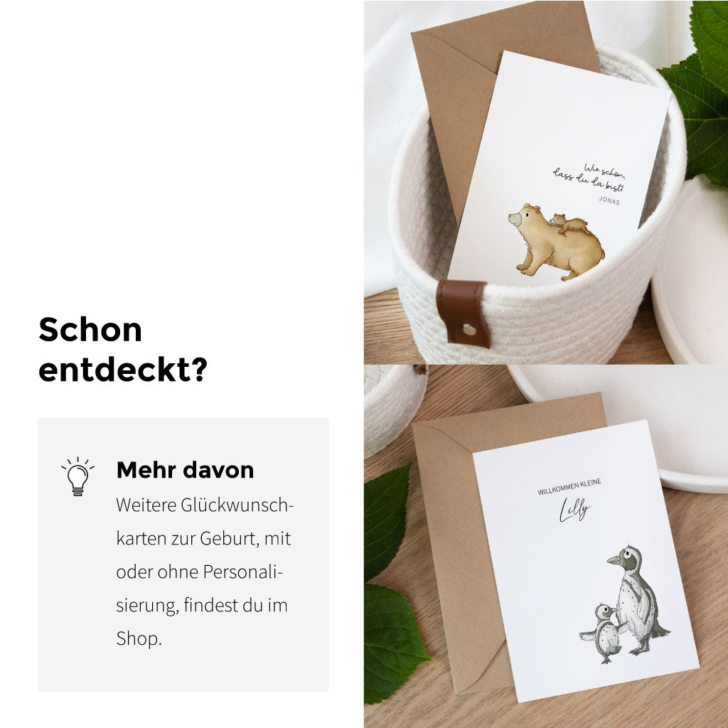 Produktvorschau mit weiteren handgemalten Geburtskarten von Funkenbunt, darunter ein Panda-, Pinguin- und Bärenmotiv – alle optional personalisierbar.