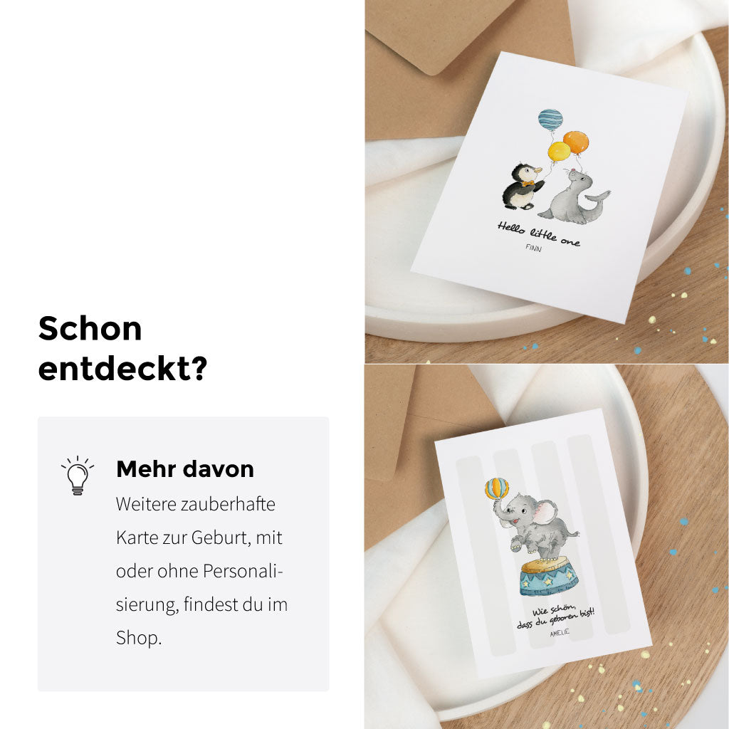 Inspirationsbild „Schon entdeckt?“ mit weiteren Motiven: personalisierbare Glückwunschkarten zur Geburt mit Tierillustrationen als Vorschau im Shop.