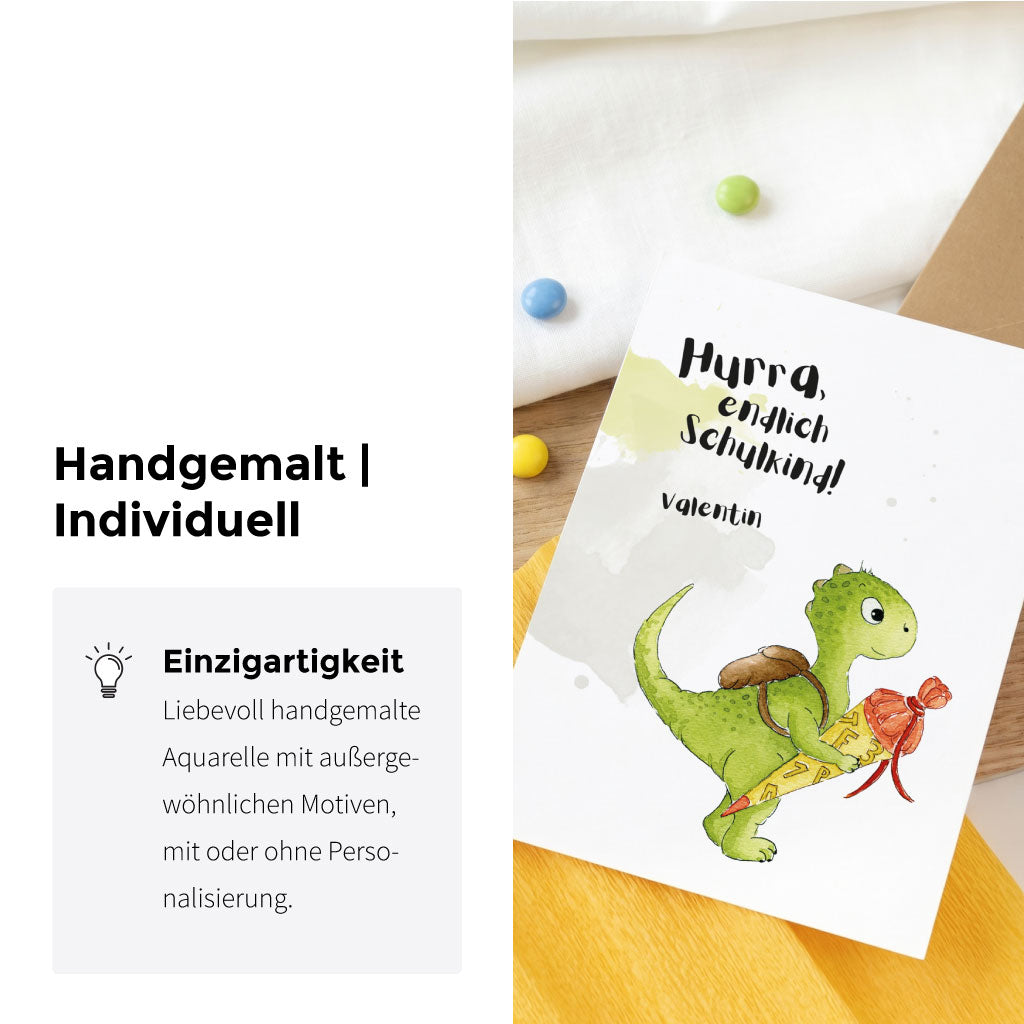 Detailansicht der Glückwunschkarte mit handgemaltem Dino Aquarell Motiv und Infos zur Einzigartigkeit.