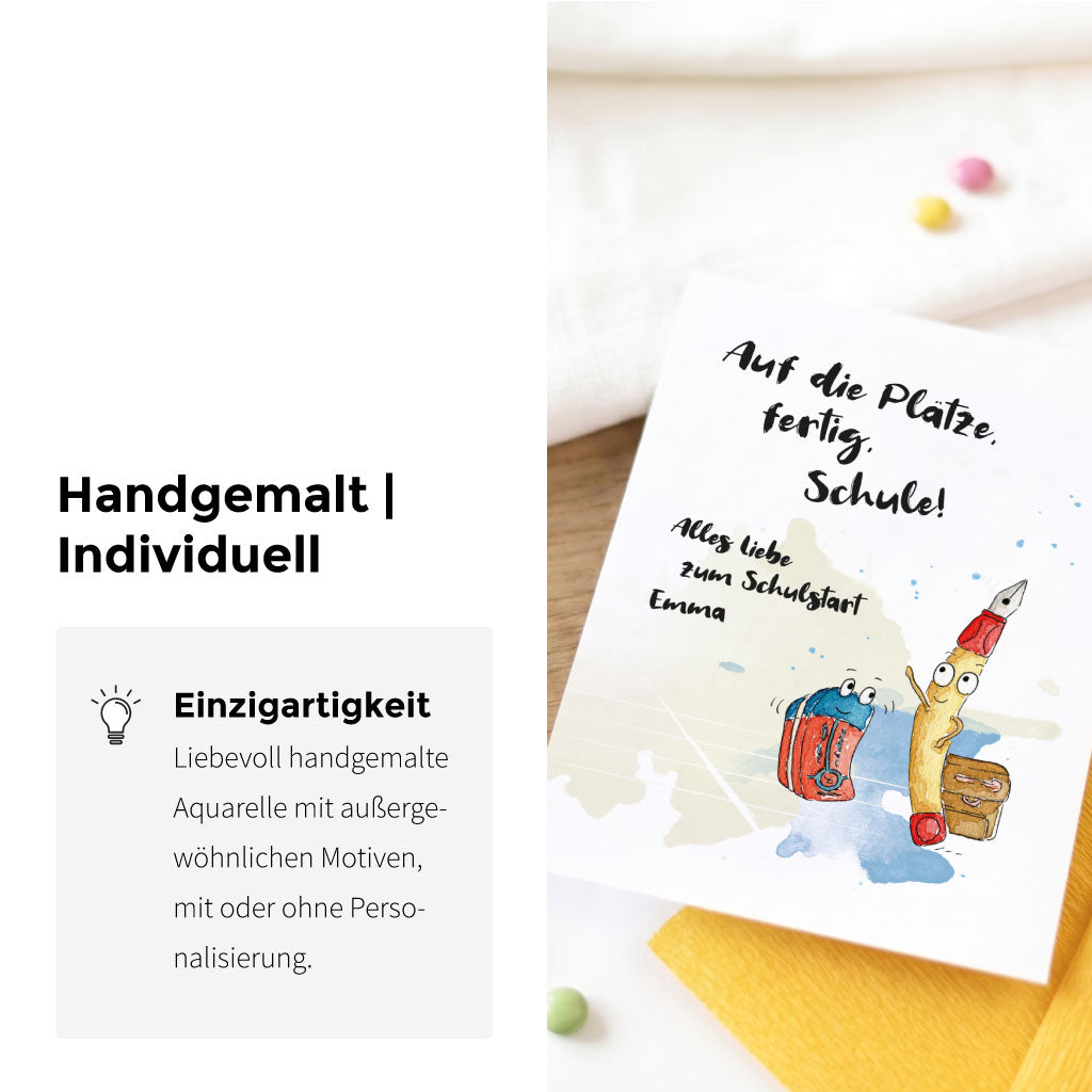 Nahaufnahme der Karte Einschulung mit Hinweis auf handgemaltes Stifte Aquarell Motiv und Personalisierung.