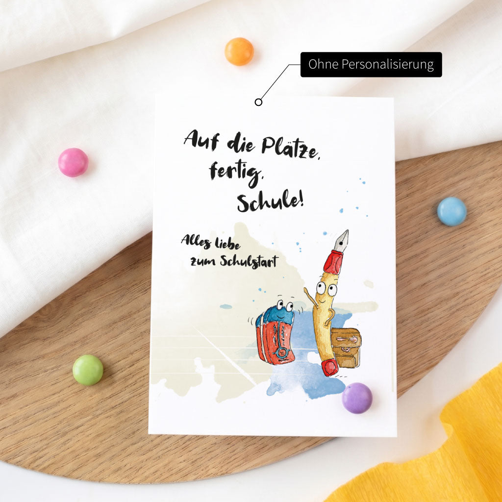 Karte Einschulung ohne Personalisierung mit Text Auf die Plätze fertig Schule und Stifte Aquarell Motiv.