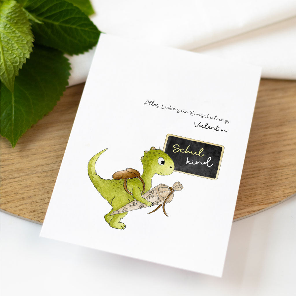 Karte zur Einschulung mit Dinosaurier Motiv für Jungen