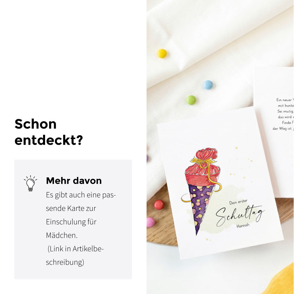 Hinweis auf weitere Produkte. Passend zur Karte für Jungen gibt es auch ein Schultüten Aquarell Motiv für Mädchen.