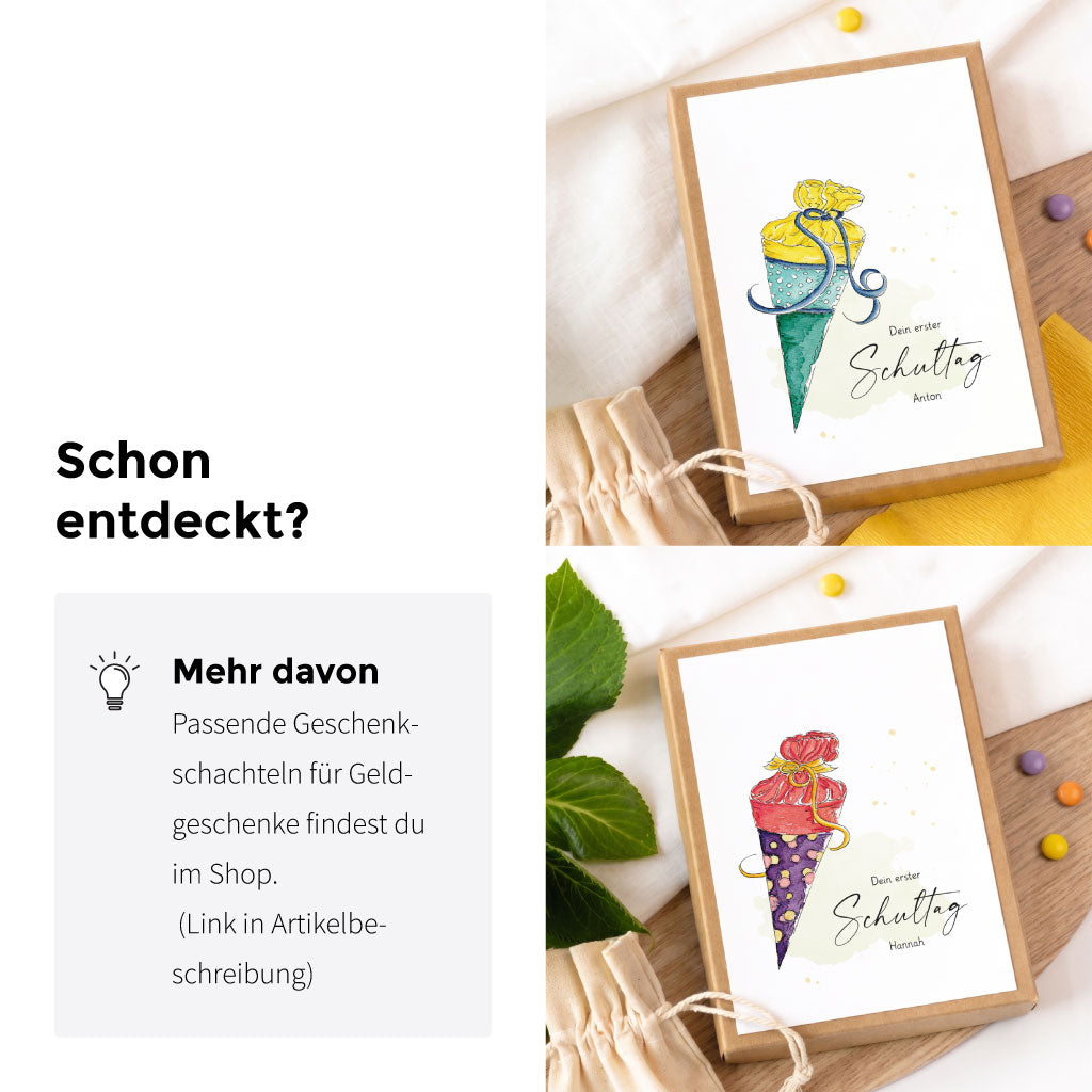 Passende Geschenkschachteln zur Einschulung. Ideal für Geldgeschenke zum Schulbeginn mit handgemaltem Aquarell Motiv.