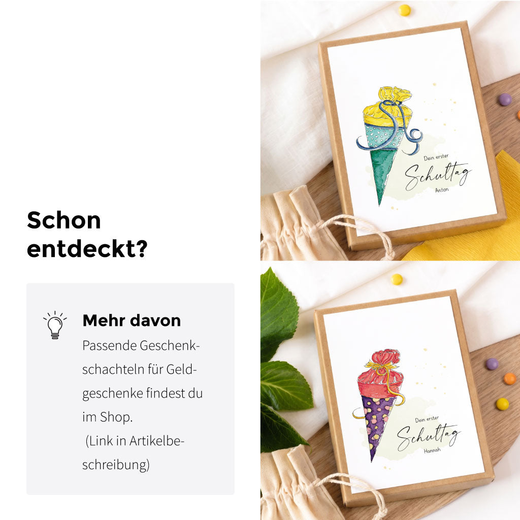 Passende personalisierbare Geschenkschachteln zur Einschulung für Mädchen mit Schultüten Aquarell Motiv.