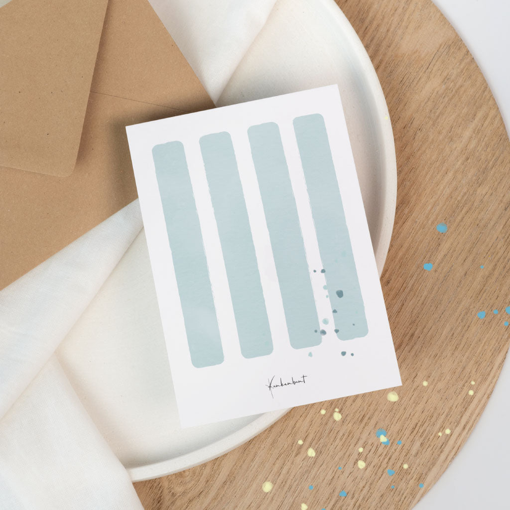 Rückseite der Karte: blaues Streifenmuster und Funkenbunt-Logo, passend zur Glückwunschkarte zur Einschulung.