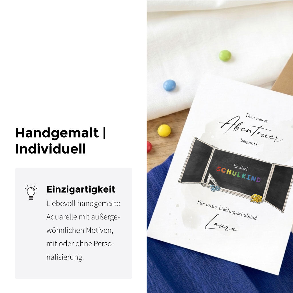 Handgemalte Glückwunschkarte zur Einschulung mit einzigartigem Tafel Aquarell Motiv.