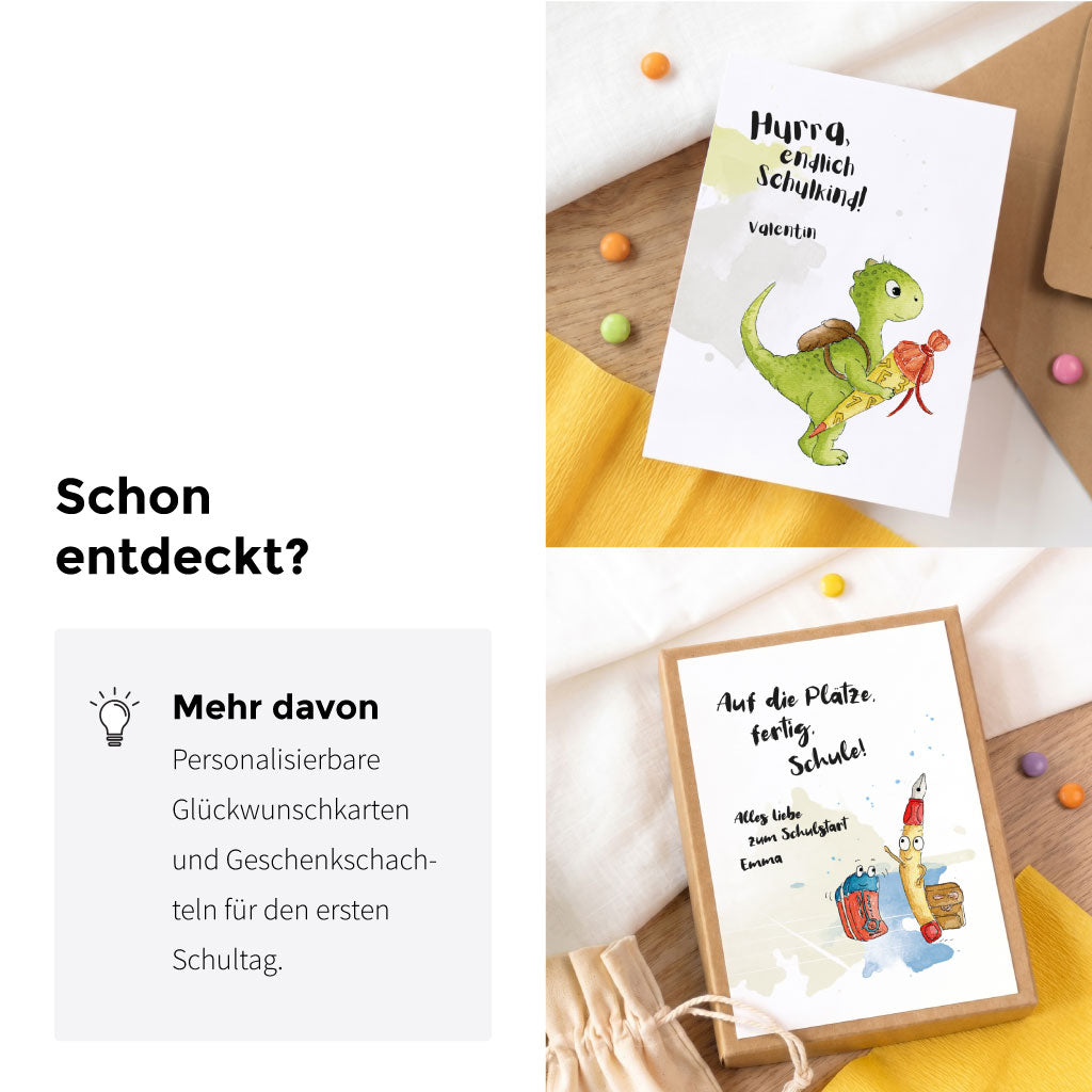 Weitere personalisierbare Geschenke und Karten zur Einschulung im Shop entdecken.