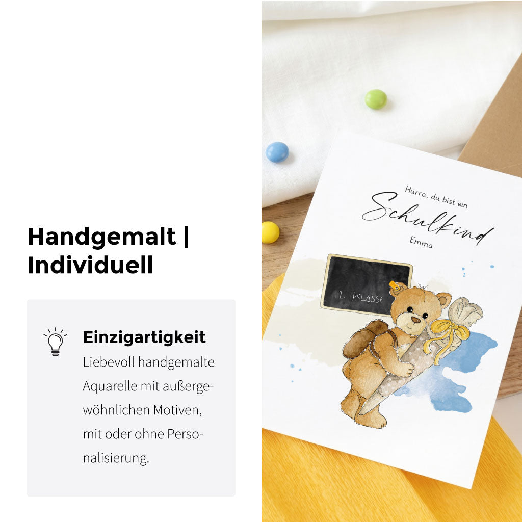Glückwunschkarte zur Einschulung mit Teddy Aquarell Motiv als einzigartige und personalisierbare Geschenkidee.