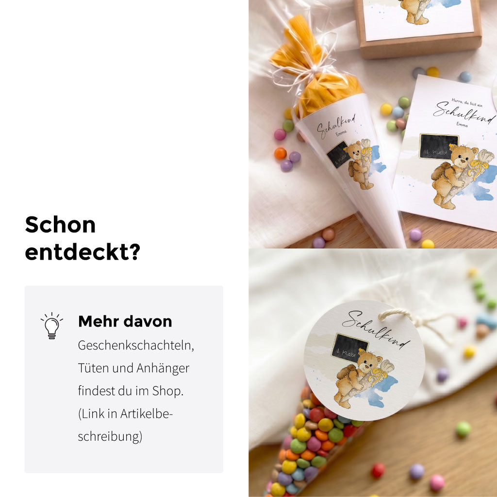 Mini Schultüte und Geschenkanhänger mit Teddy Aquarell Motiv als ergänzende Geschenkidee zum Schulanfang.