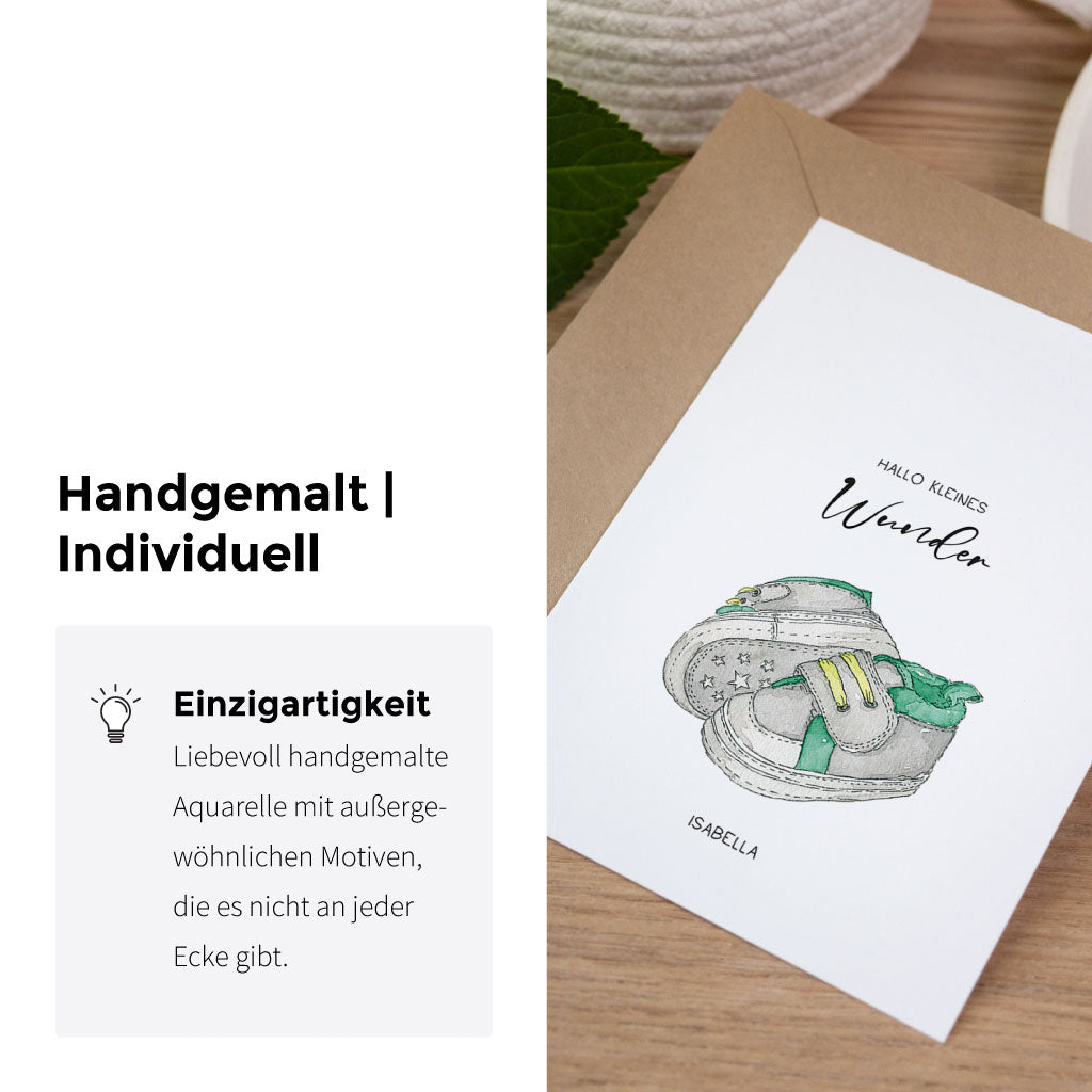 Glückwunschkarte zur Geburt eines Babys ohne Personalisierung, handgemaltes Aquarellmotiv auf hochwertigem Karton