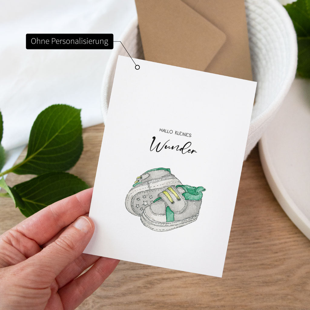 Glückwunschkarte zur Geburt eines Babys ohne Personalisierung, handgemaltes Aquarellmotiv auf hochwertigem Karton