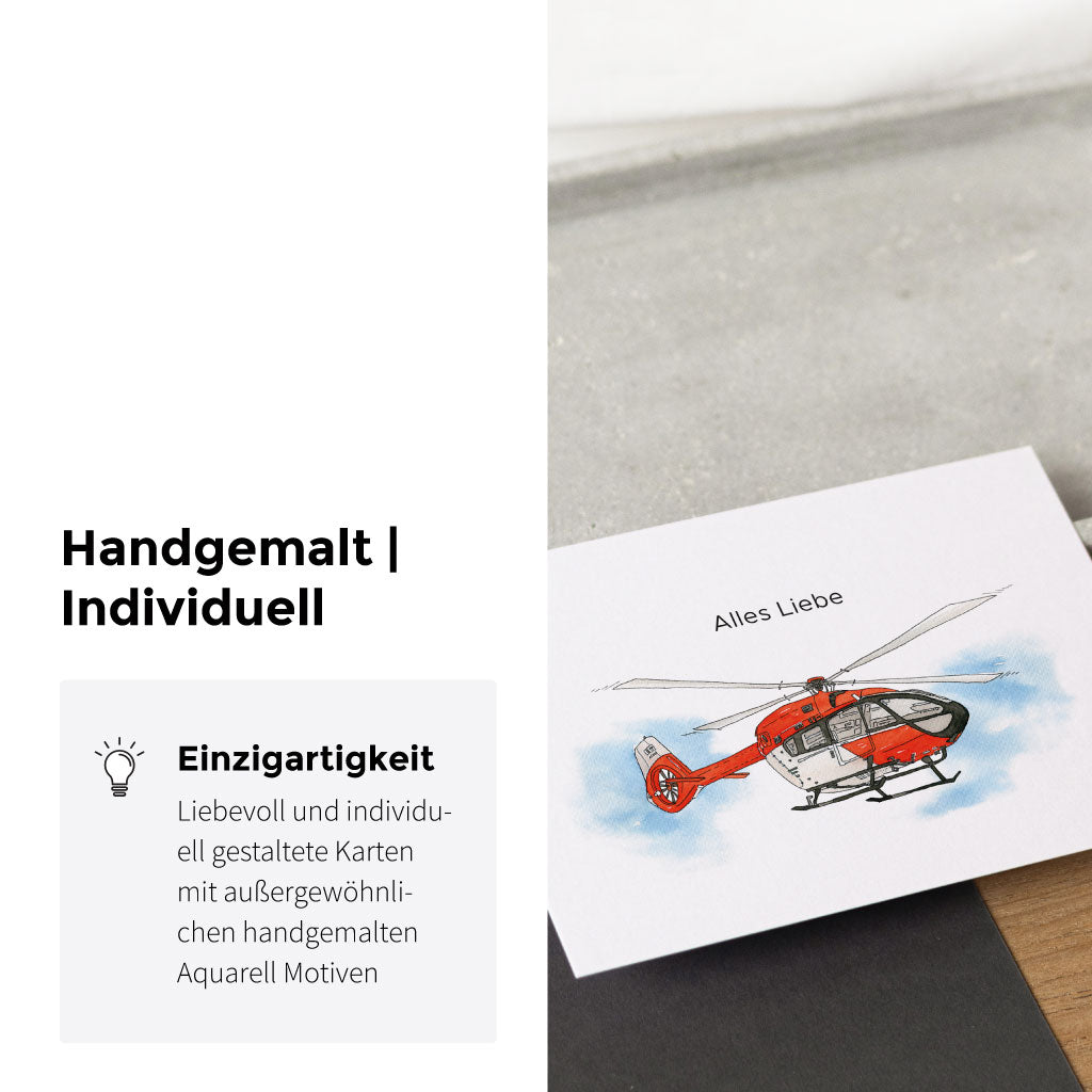 Handgemaltes Aquarell Bild mit Hubschrauber im Himmel