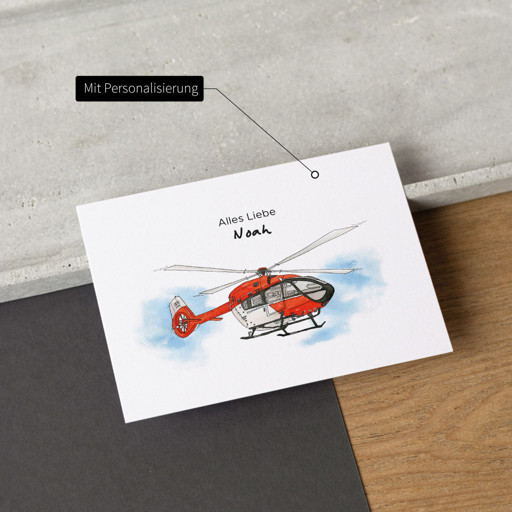 Handgemaltes Helikopter Aquarell Motiv auf Klappkarte mit individuellem Namen