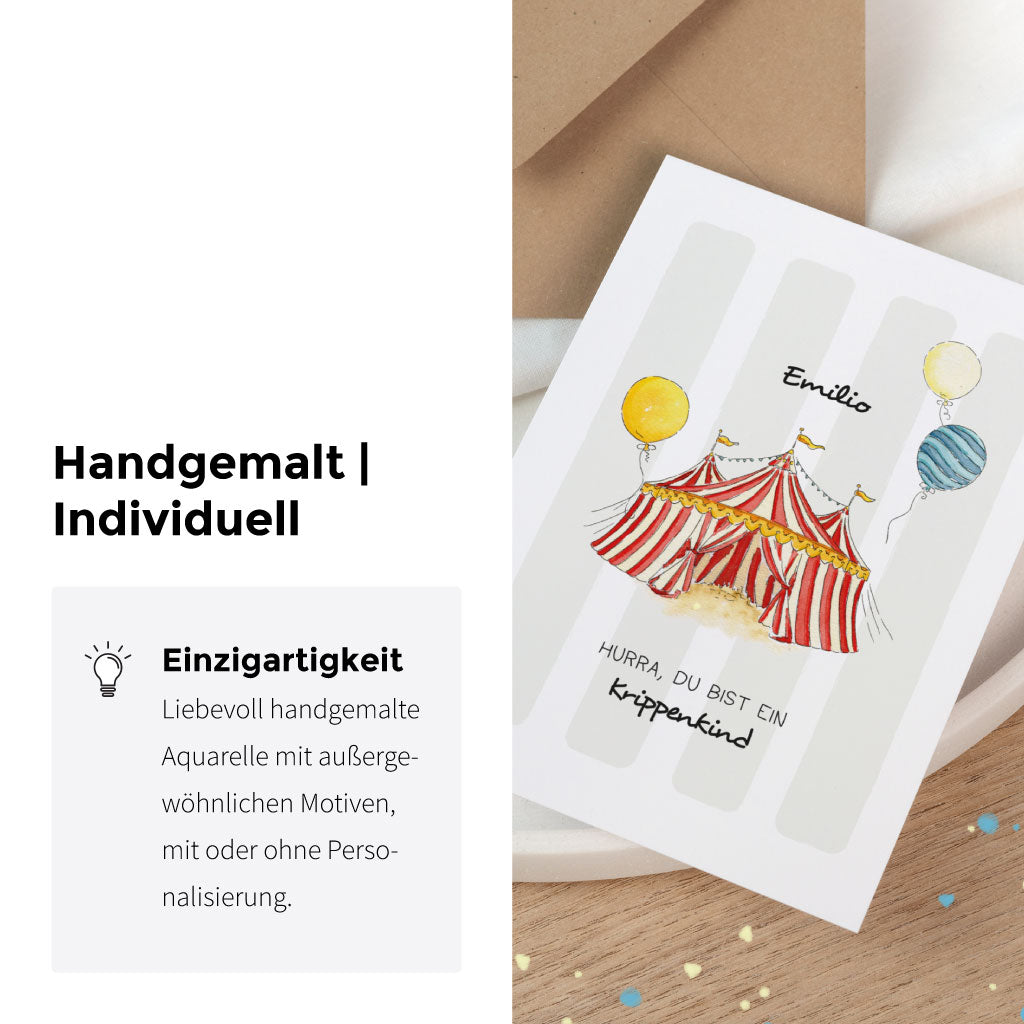 Infografik zum Produkt: „Handgemalt | Individuell“ – personalisierbare Glückwunschkarte mit Zirkuszelt und Ballons als Geschenkidee zum Beginn in Krippe oder Kindergarten