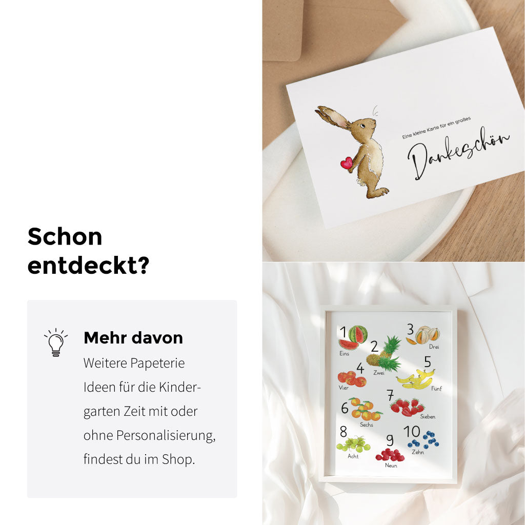 Entdecker-Grafik „Schon entdeckt?“ mit weiterer Papeterie: Dankeschön-Karte mit Hase und Poster mit Zahlen & Obstmotiven, Geschenkideen für Kinder