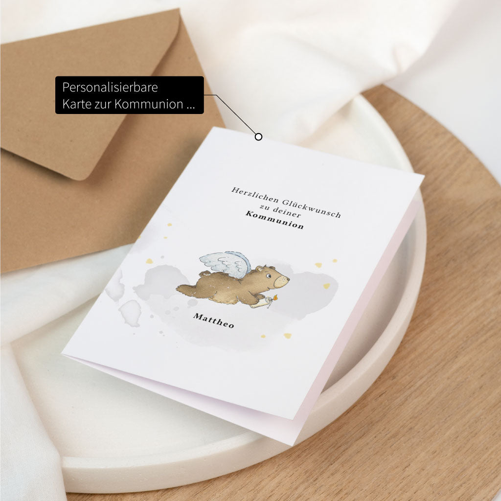 Aufgestellte personalisierbare Glückwunschkarte zur Kommunion mit handgemaltem Motiv, ideal als Karte für Geschenk oder Geldgeschenk