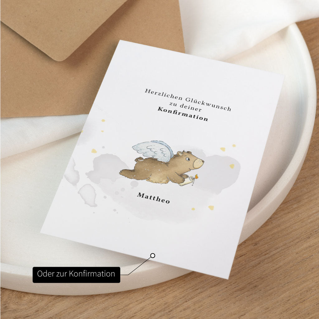 Glückwunschkarte zur Konfirmation mit handgemaltem Bärenmotiv und Wunschname, personalisierbar für ein christliches Familienfest