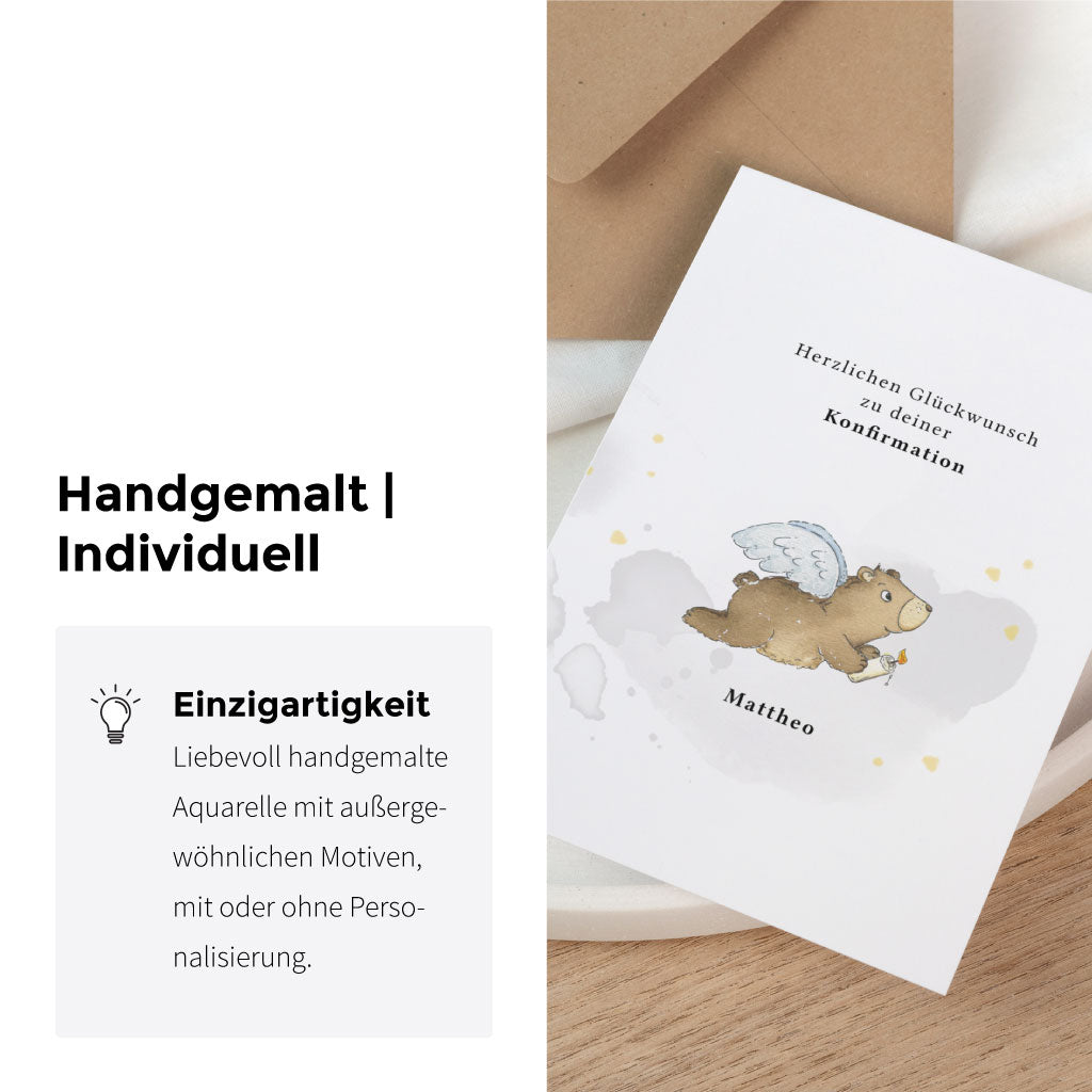 Personalisierbare Glückwunschkarte zur Konfirmation mit handgemaltem Motiv und Hinweis auf individuelle Gestaltung