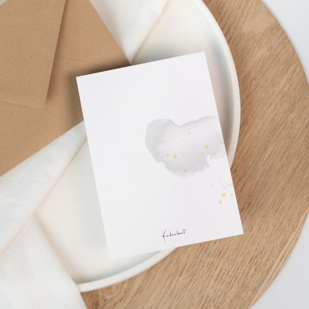 Rückseite der Glückwunschkarte mit schlichtem Design und Funkenbunt Signatur