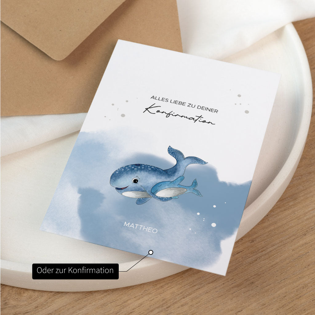 Personalisierbare Karte zur Konfirmation mit handgemaltem Walmotiv und Name, passend als Glückwunschkarte oder zum Geldgeschenk verpacken