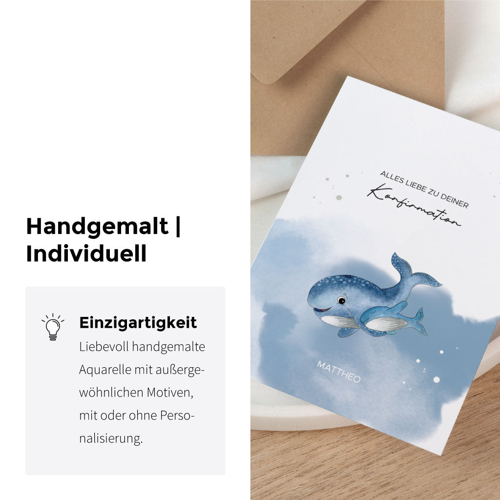 Klappkarte mit handgemaltem Walmotiv für Kommunion oder Konfirmation, individuell gestaltbar mit Name und liebevoll als Feier Geschenk einsetzbar