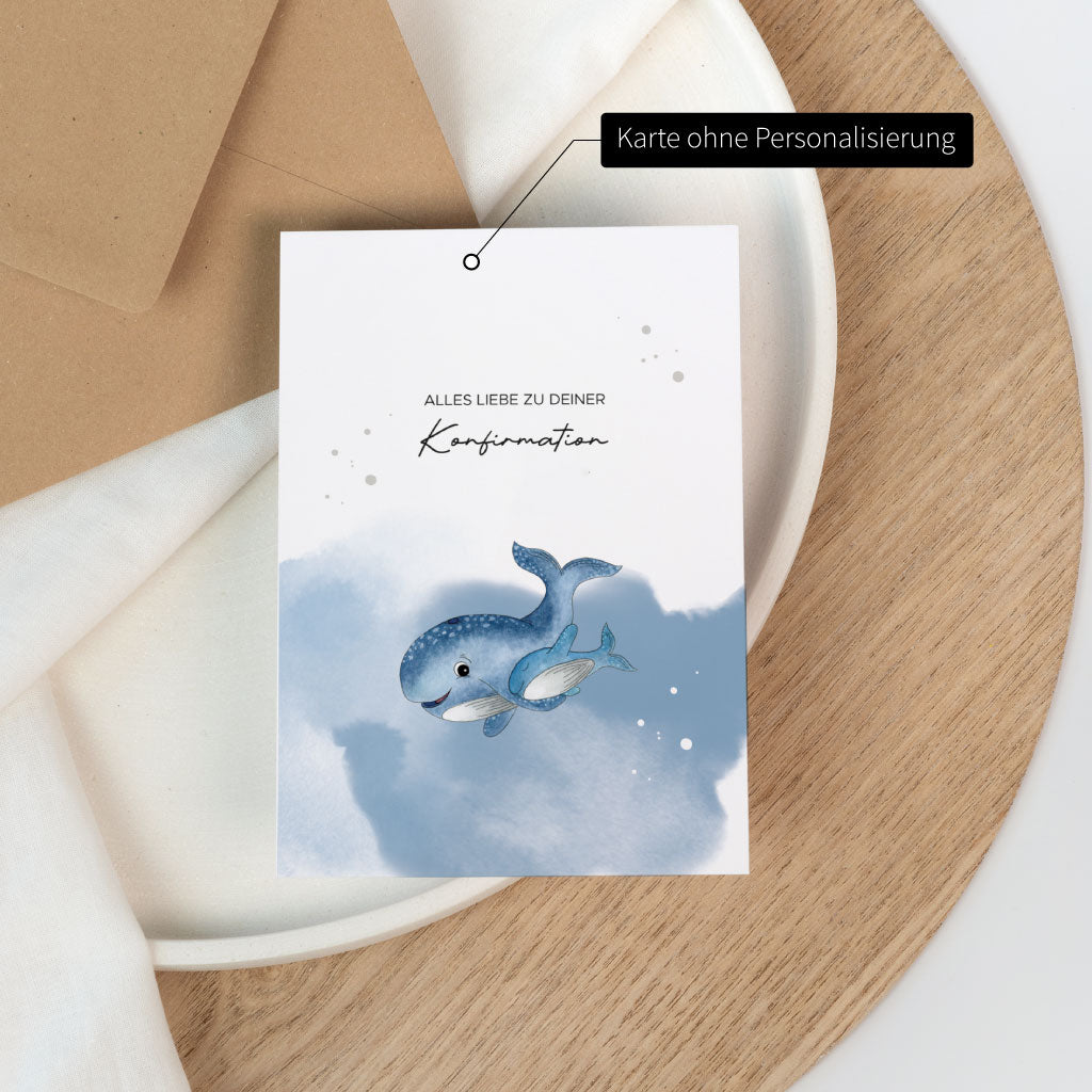 Karte ohne Personalisierung zur Konfirmation mit handgemaltem Walmotiv, eine schlichte Glückwunschkarte für Jungen und Mädchen