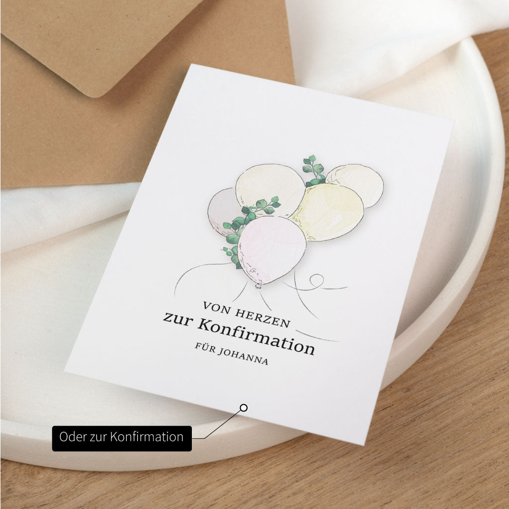 Detailansicht der personalisierbaren Glückwunschkarte zur Konfirmation für Johanna mit Luftballons.