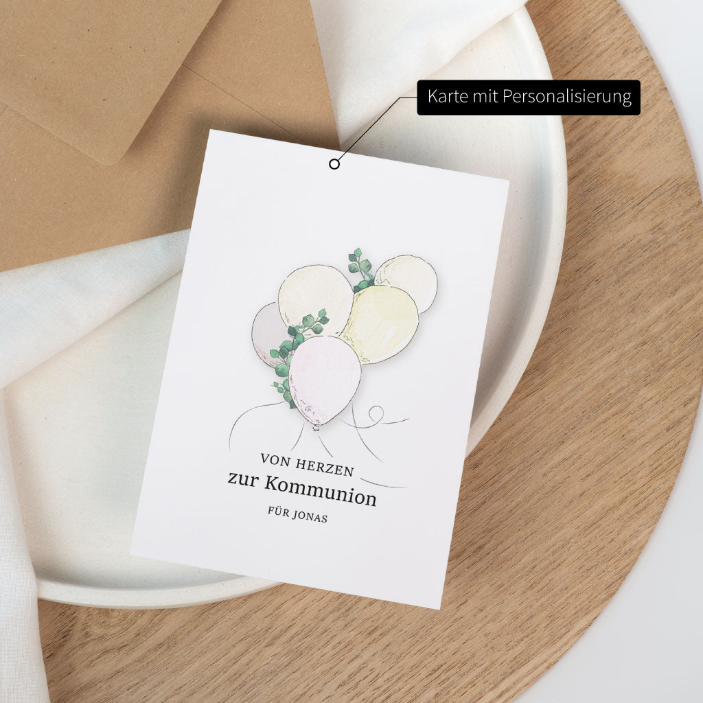 Personalisierte Karte zur Kommunion für Jonas mit wunderschönem Luftballon Aquarell Motiv.