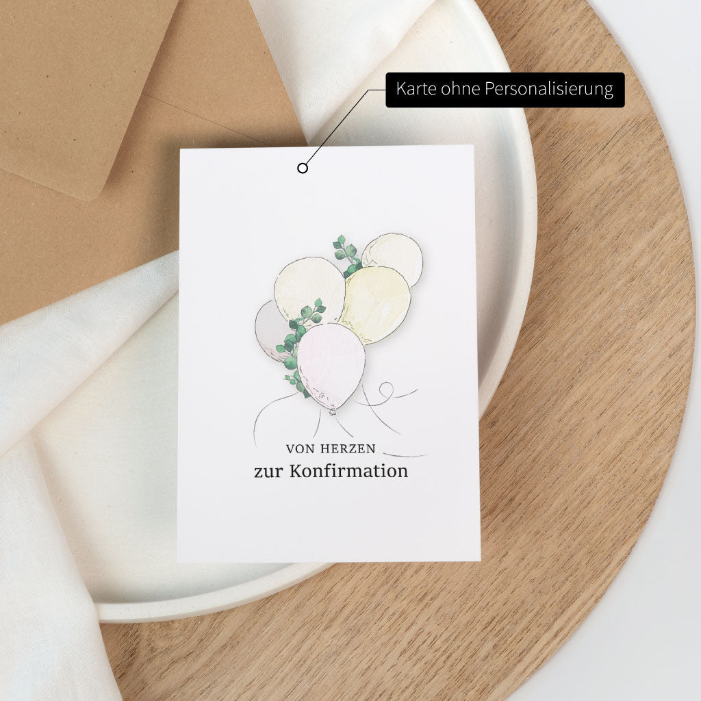 Glückwunschkarte zur Konfirmation ohne Personalisierung mit schönem Luftballon Aquarell Motiv.
