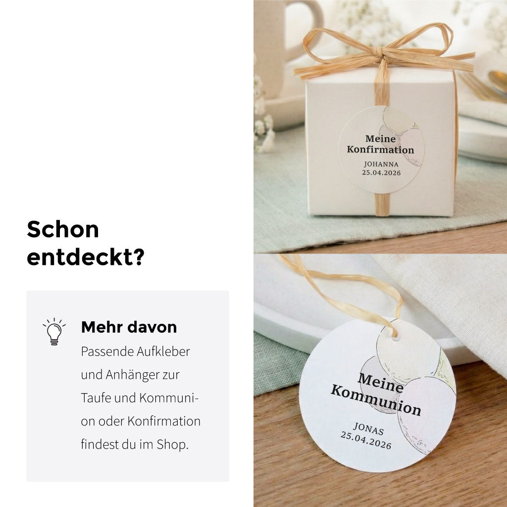 Passende Aufkleber und Geschenkanhänger mit Luftballon Aquarell Motiv zur Kommunion oder Konfirmation.